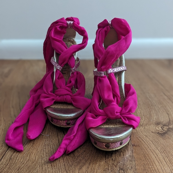 Hot Pink Cork Platform Heels Stiletto Wrapped Sandal - Picture 2 of 6
